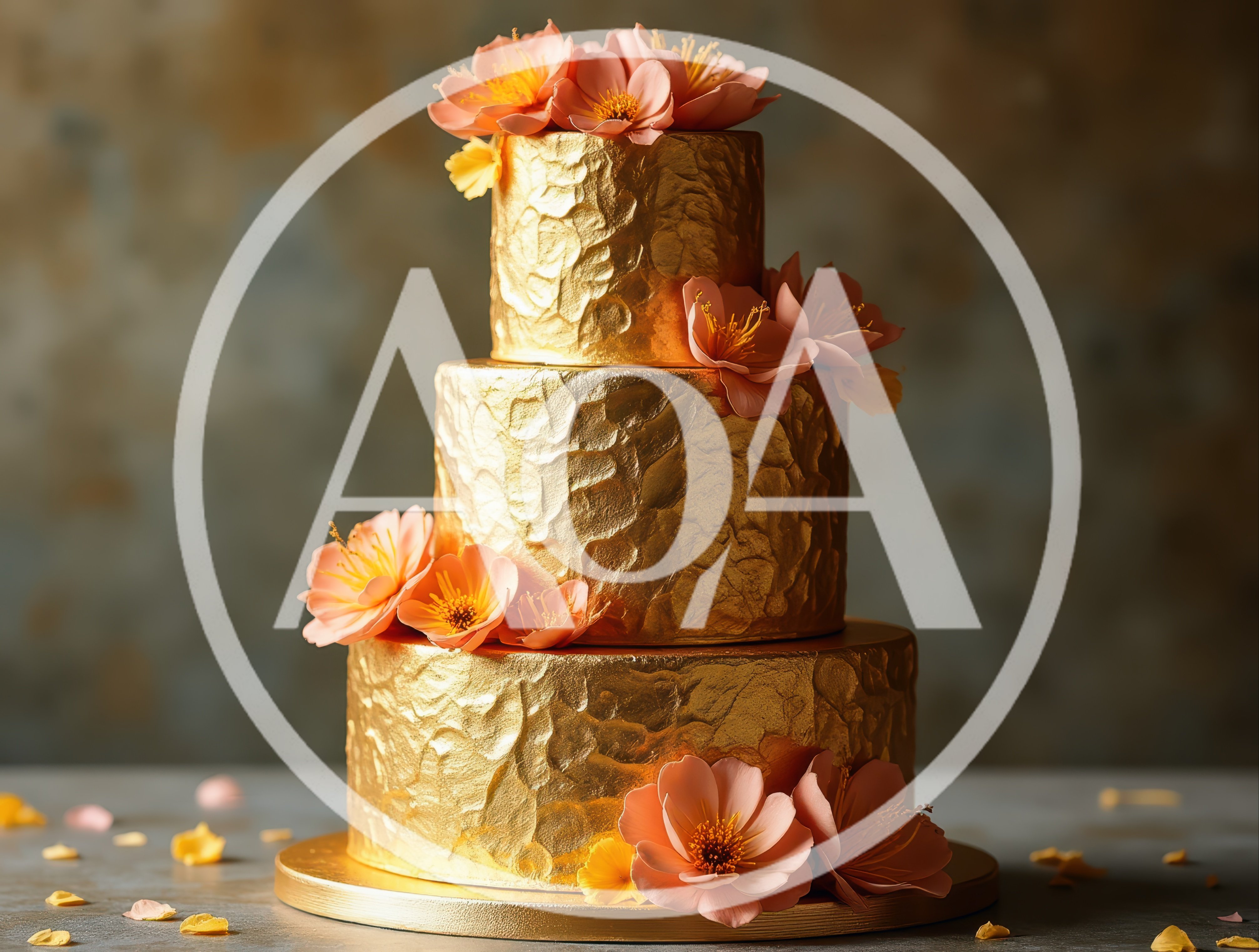 Three Tiered Gold Leaf Wedding Cake With Floral Decorations