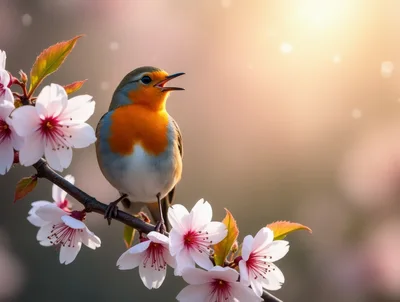 European Robin Singing On A Cherry Blossom Branch