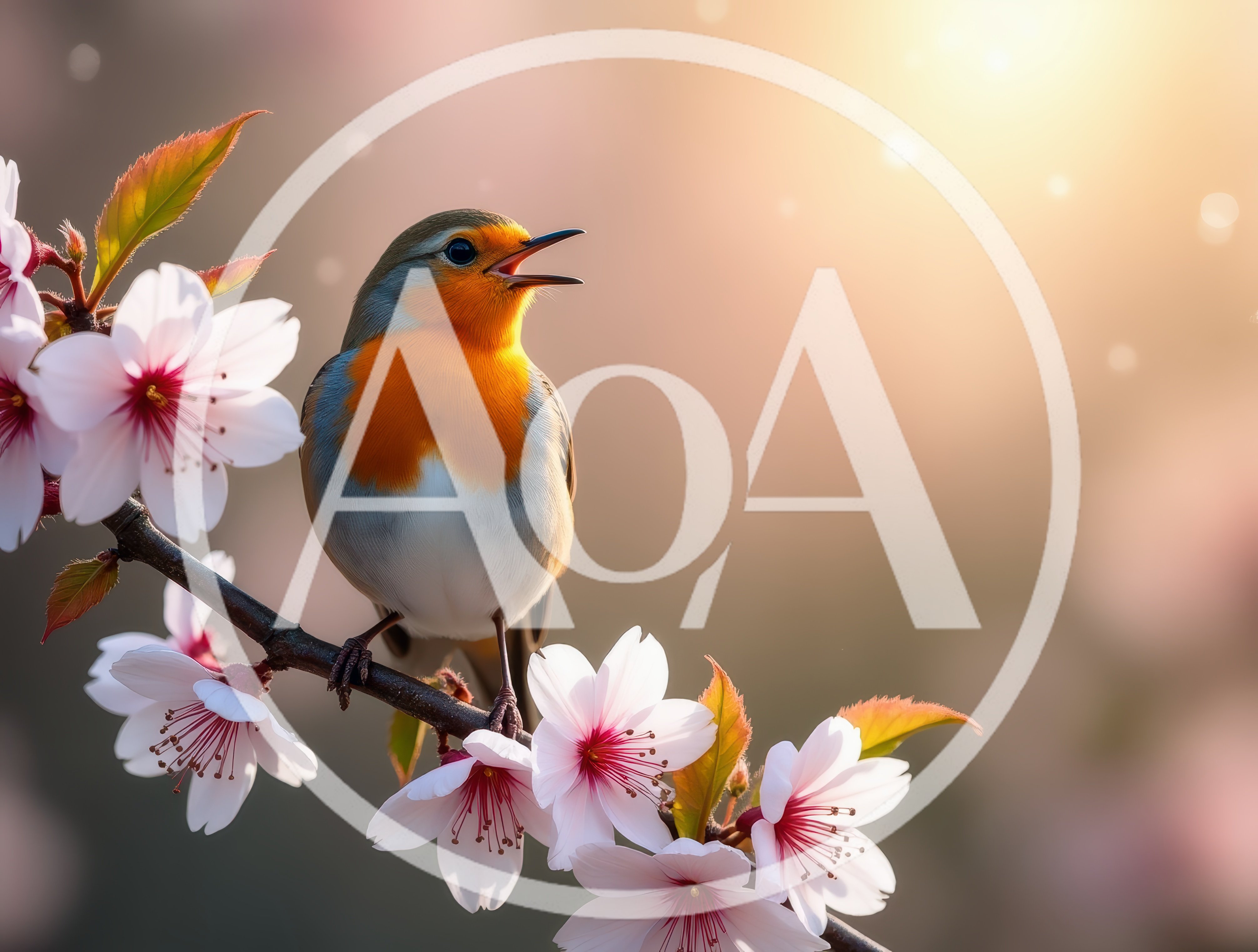 European Robin Singing On A Cherry Blossom Branch