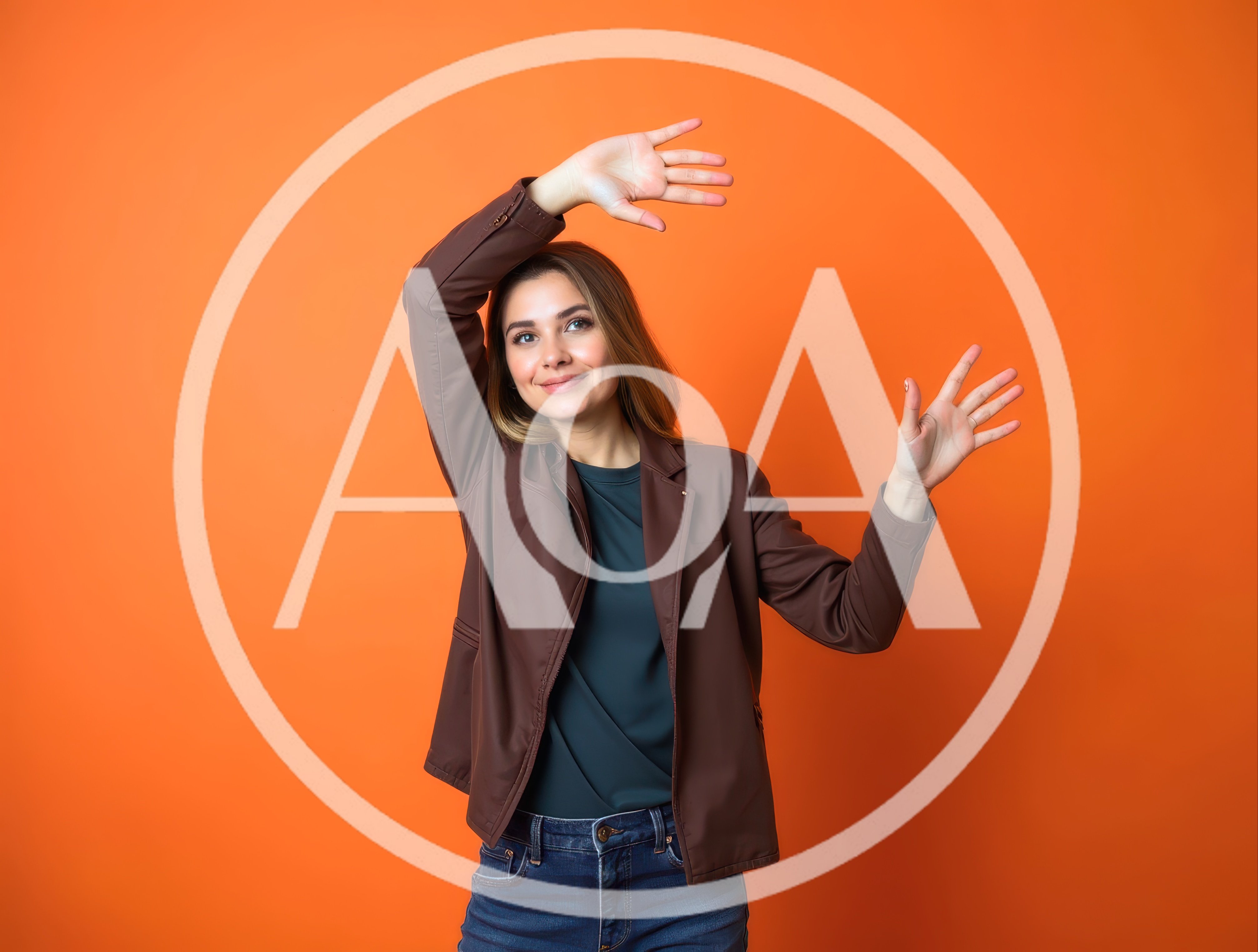 Young Woman Posing With Hands Raised Against Orange Background