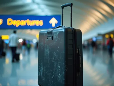 Black Suitcase Standing in Busy Airport Terminal