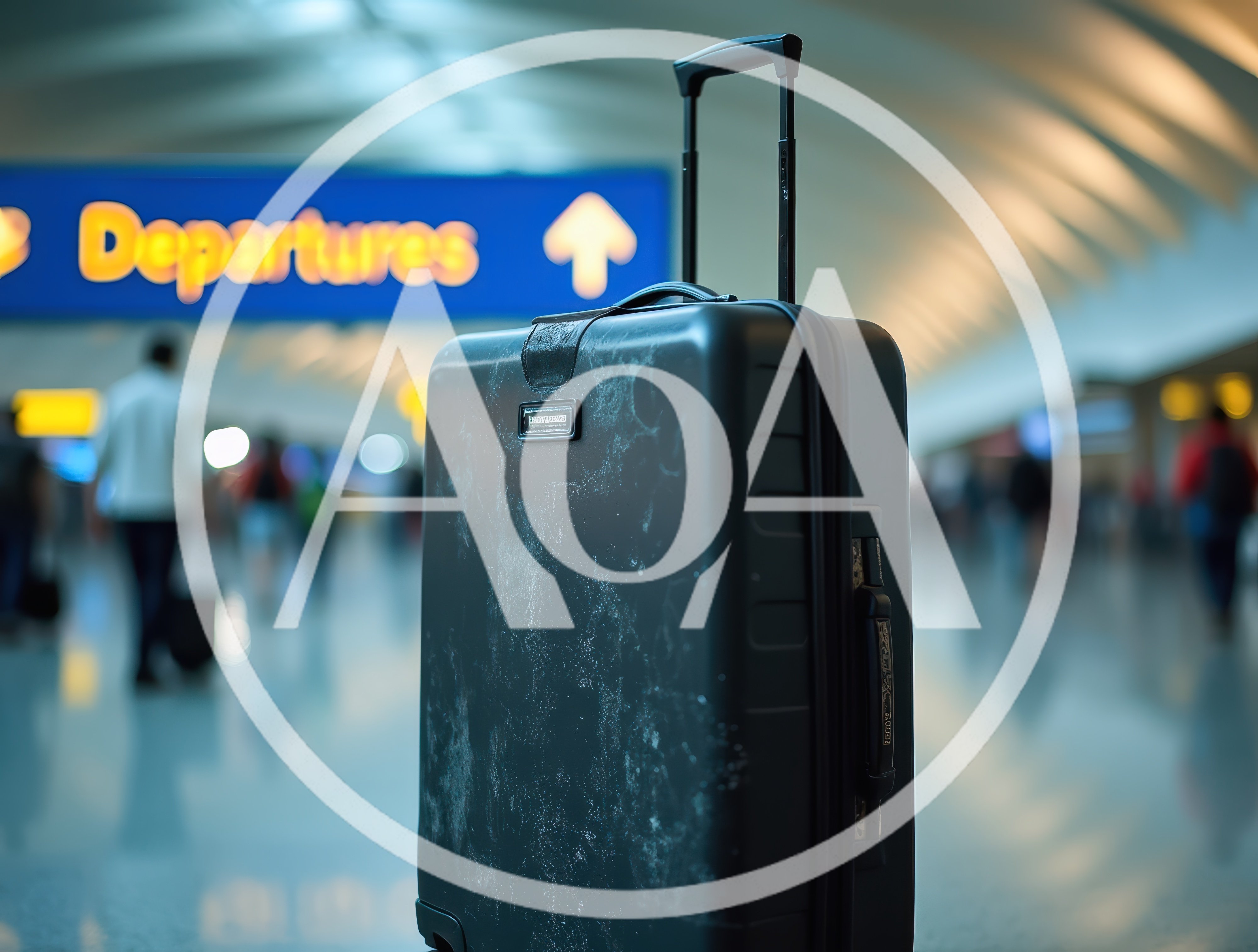 Black Suitcase Standing in Busy Airport Terminal