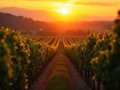 Golden Hour Sunset Over A Vineyard Row