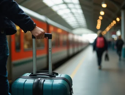 Traveler Holding Suitcase At A Train Station Platform