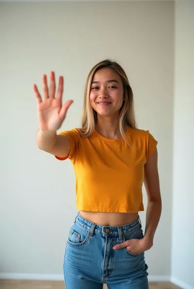 Young Woman Waving Hand In Casual Yellow Crop Top