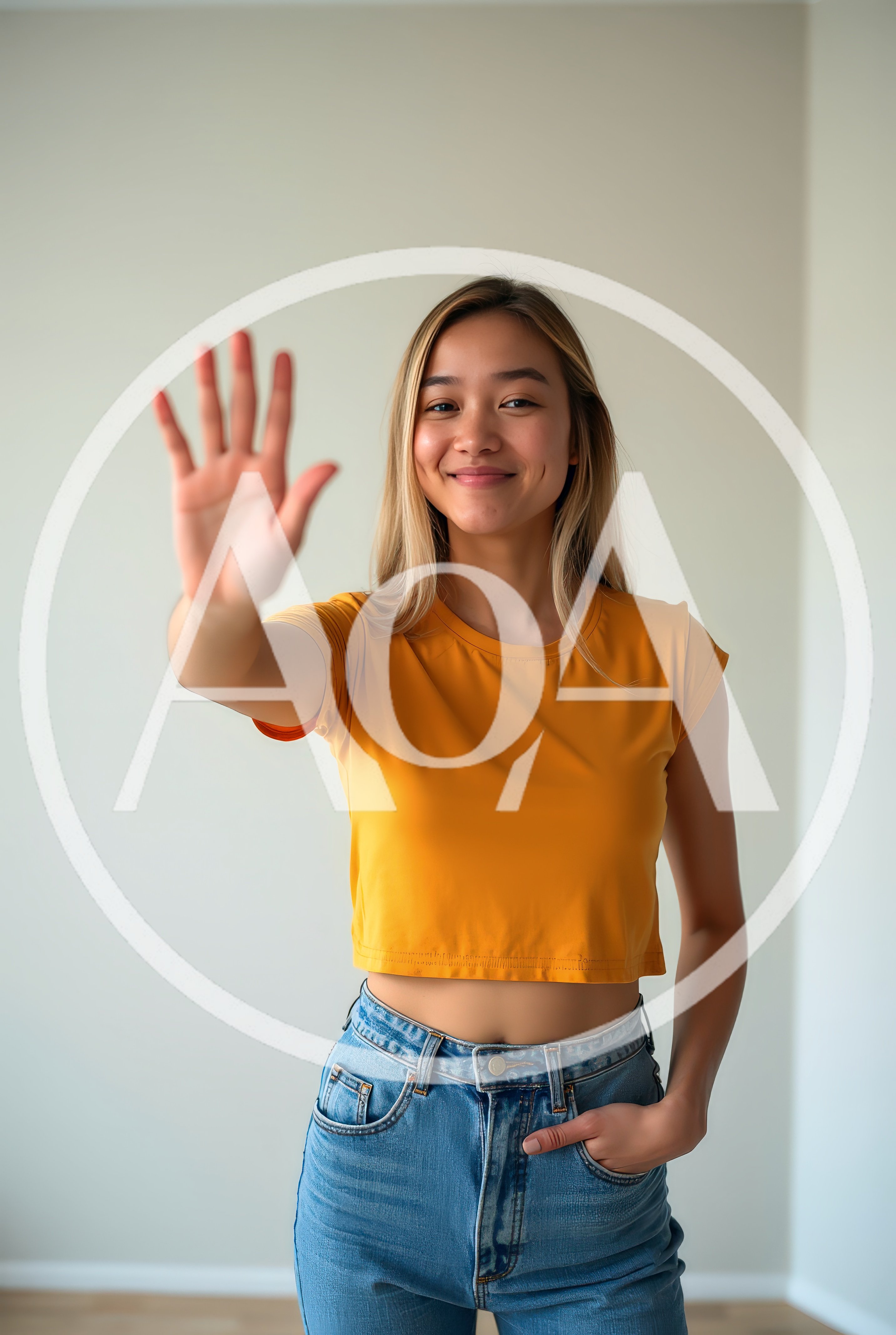 Young Woman Waving Hand In Casual Yellow Crop Top