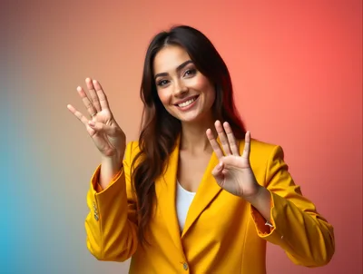 Smiling Businesswoman Gesturing Number Four With Both Hands