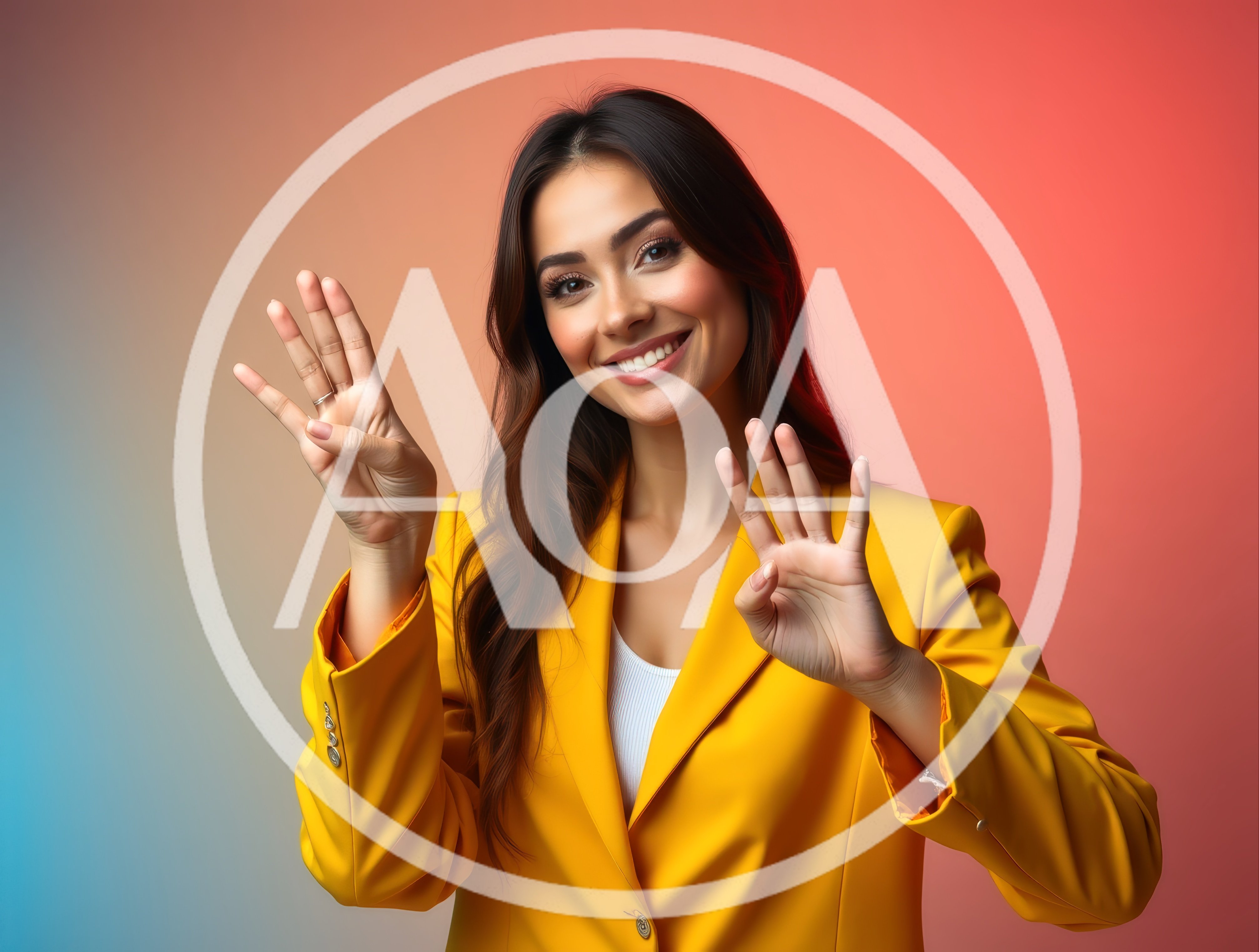 Smiling Businesswoman Gesturing Number Four With Both Hands
