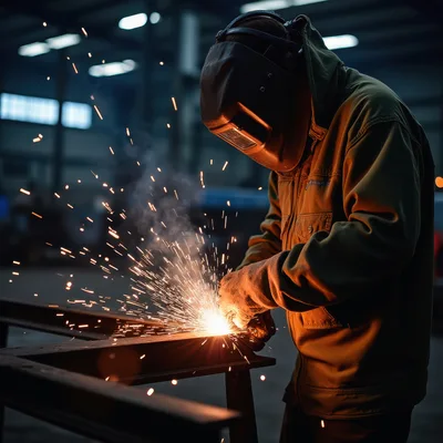 Industrial Welder Working On Metal Beam In Workshop