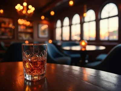 Crystal Whiskey Glass On A Dark Wooden Bar Table