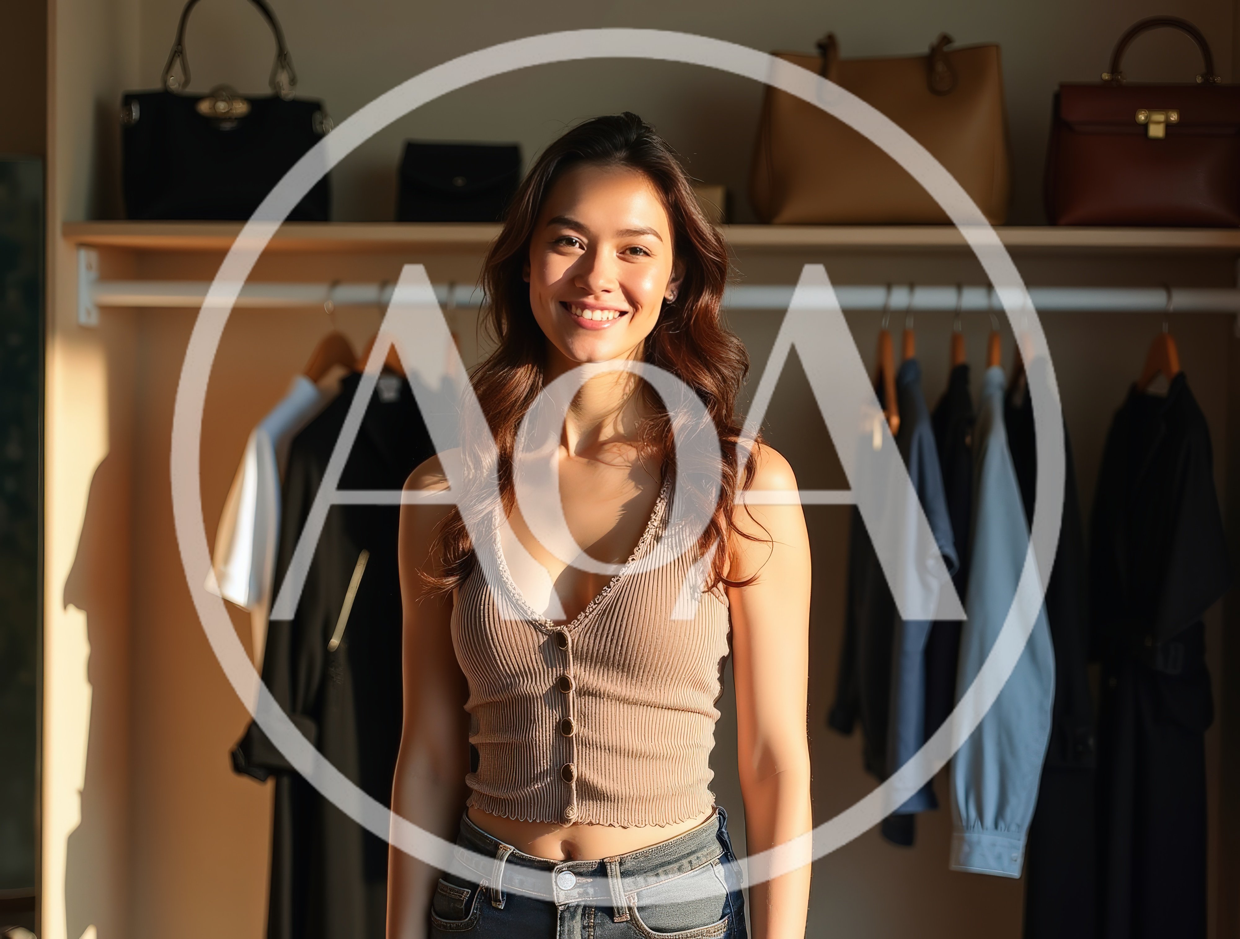 Smiling Young Woman Standing In Her Organized Closet