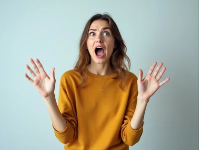 Surprised Young Woman With Mouth Open And Raised Hands