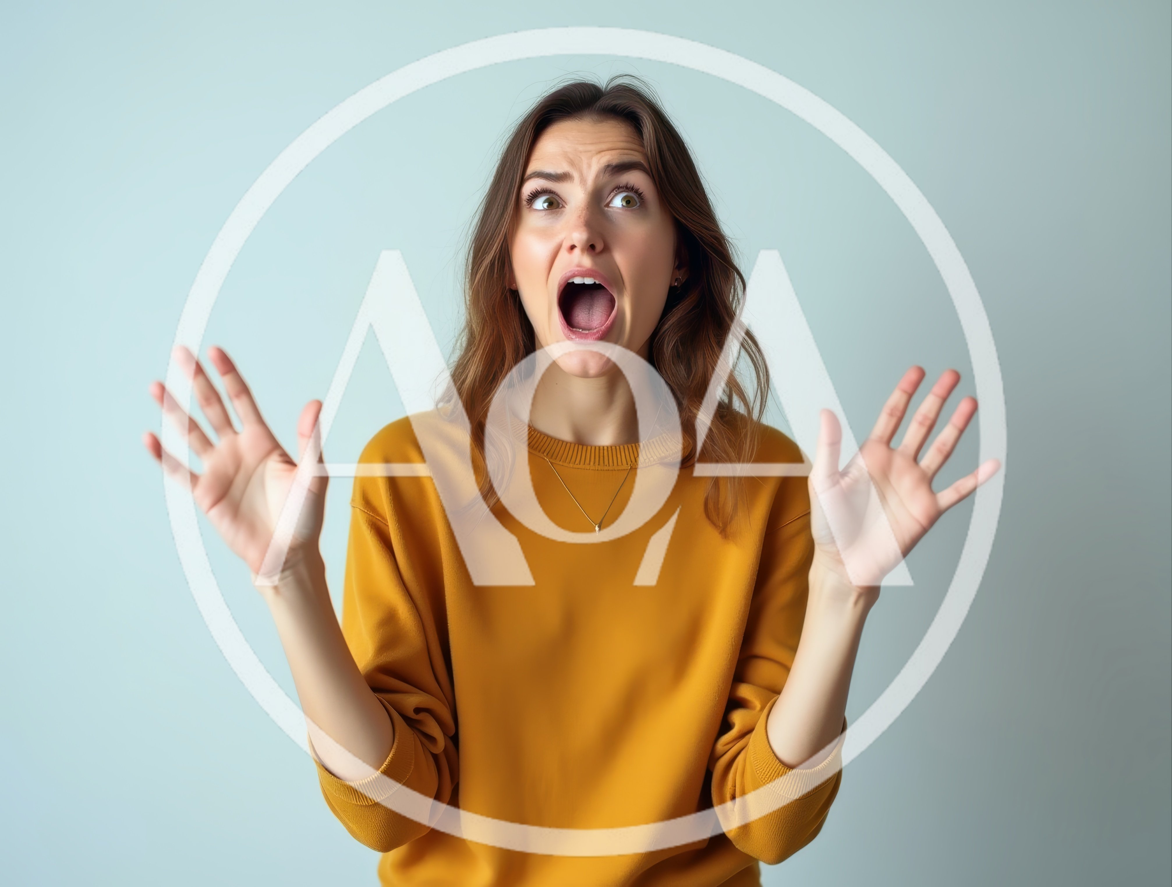 Surprised Young Woman With Mouth Open And Raised Hands