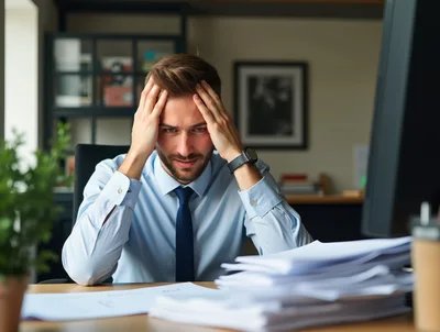 Stressed Businessman Working With Piles Of Paperwork