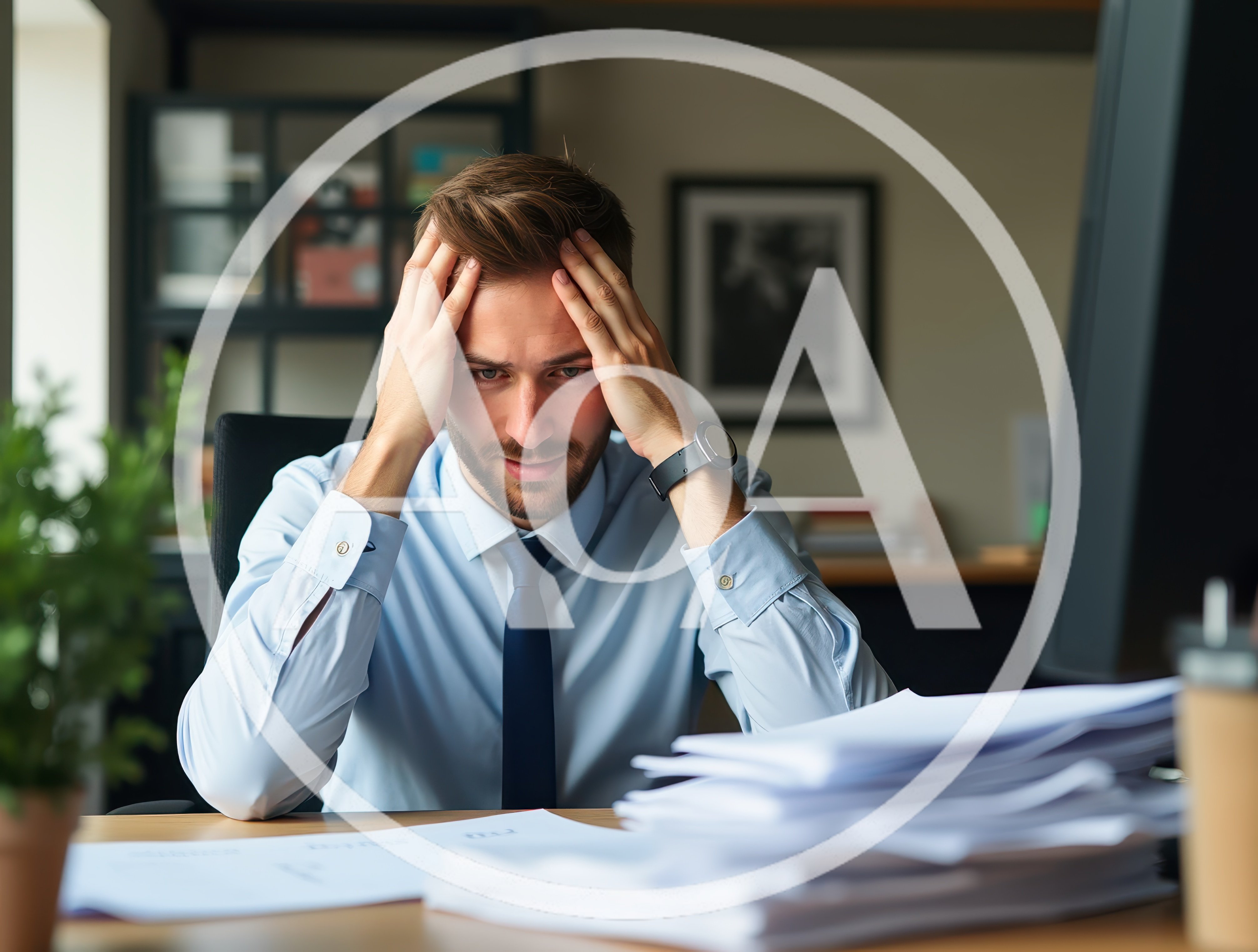Stressed Businessman Working With Piles Of Paperwork