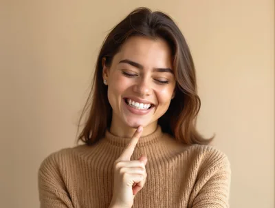 Smiling Woman Touching Her Chin Against Beige Background