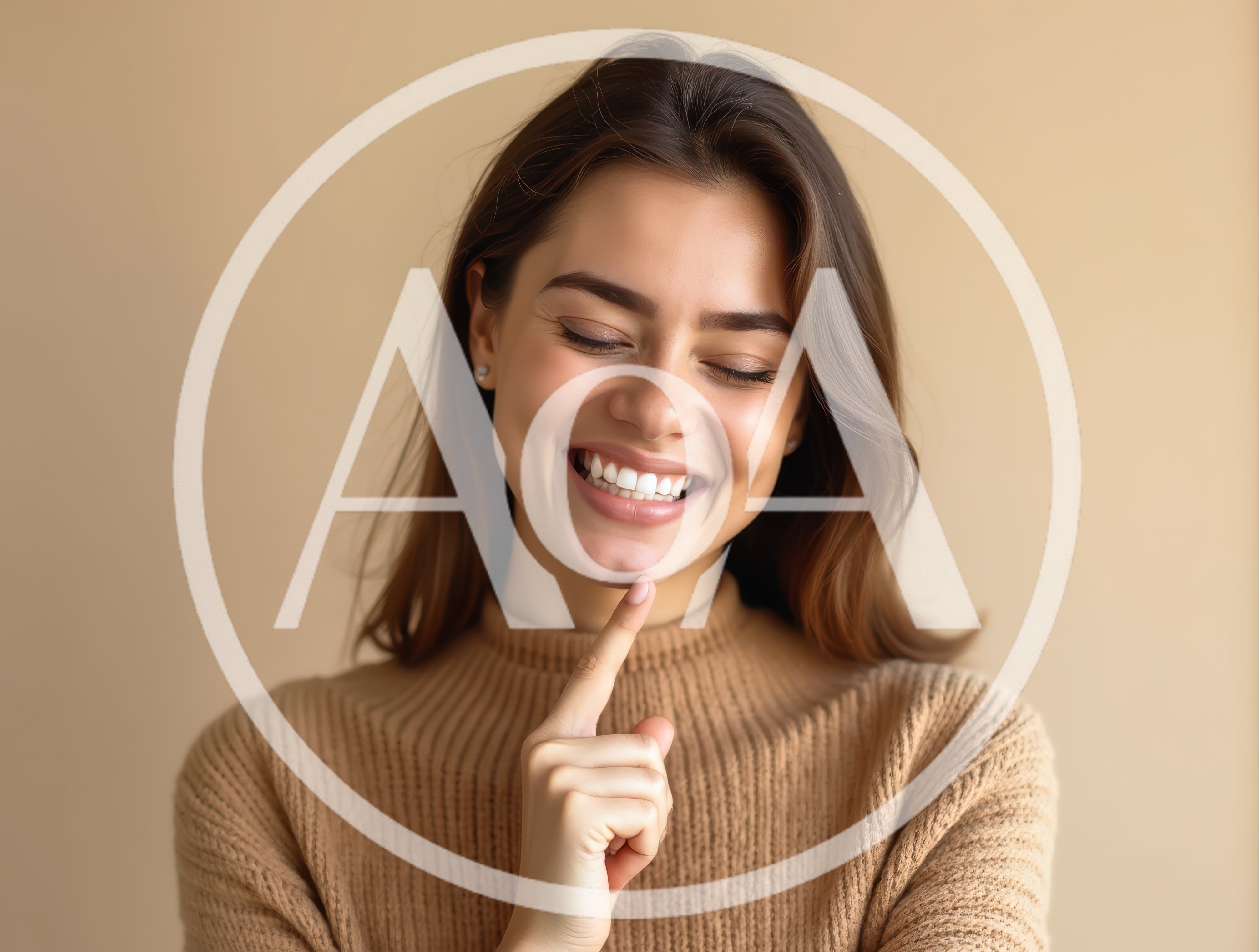 Smiling Woman Touching Her Chin Against Beige Background