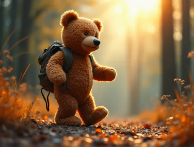 Teddy Bear Walking Through An Autumn Forest