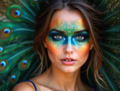 Portrait Of A Woman With Peacock Inspired Makeup