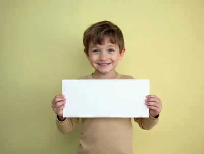 Smiling Young Boy Holding Blank White Sign