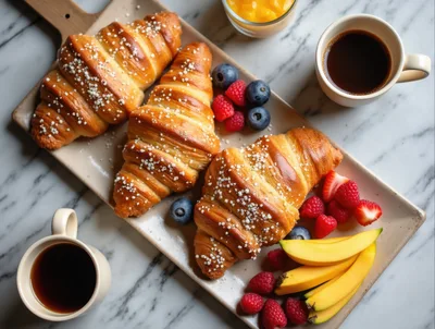 Breakfast Croissants With Fresh Berries And Coffee