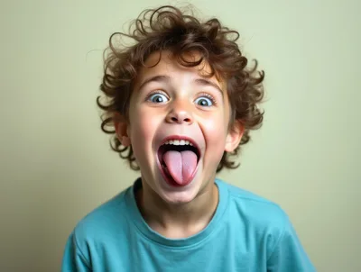 Excited Young Boy With Curly Hair Sticking Out Tongue
