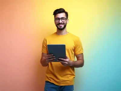 Young Man Holding Tablet Against Colorful Gradient Background