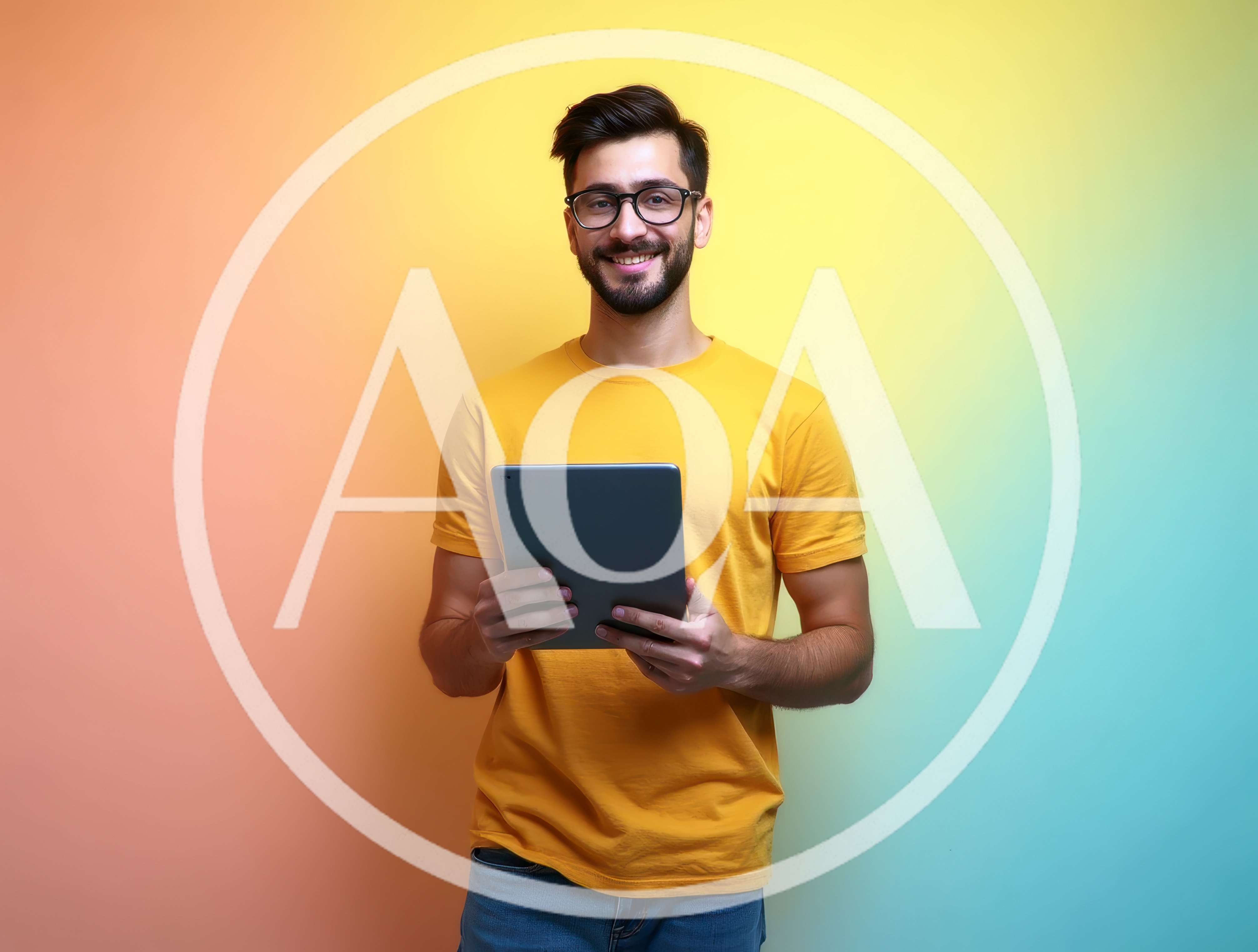 Young Man Holding Tablet Against Colorful Gradient Background
