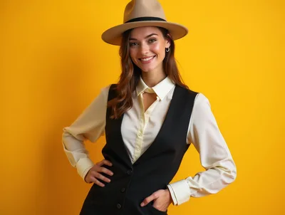 Smiling Woman Wearing A Fedora And Vest