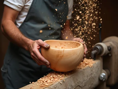Woodworker Shaping A Wooden Bowl On A Lathe