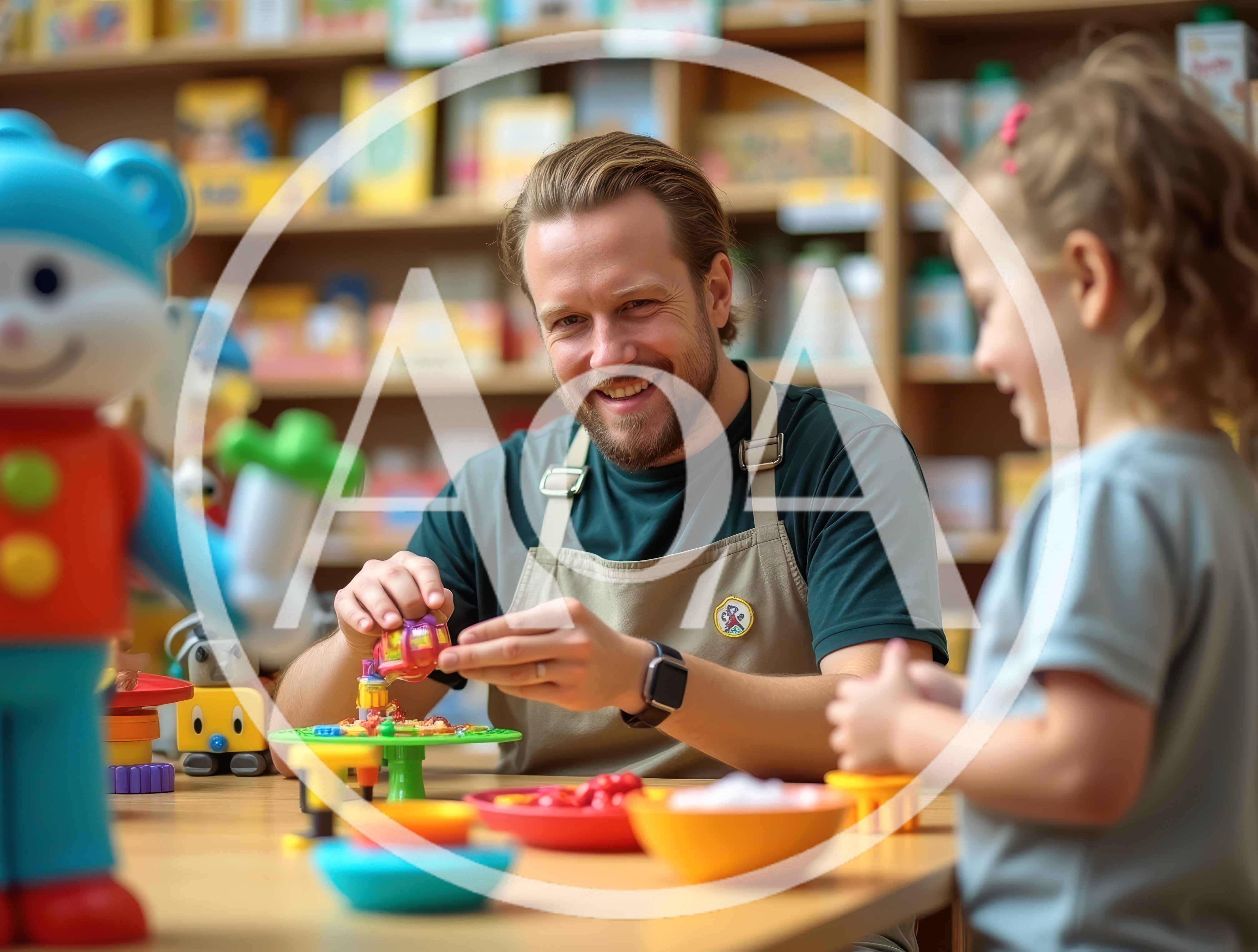 Smiling toy store employee demonstrating colorful toy to a littl