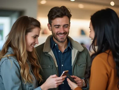 Three Friends Sharing Content On Smartphones
