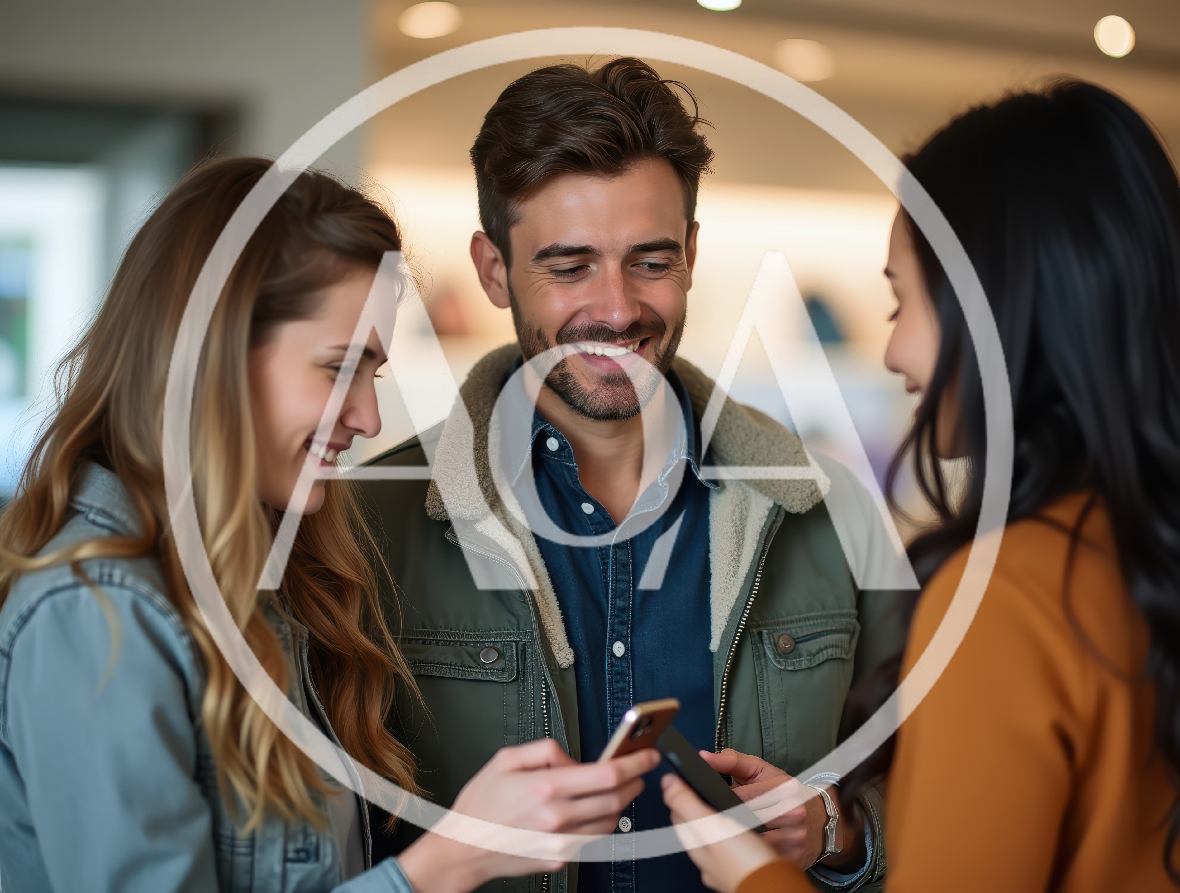 Three Friends Sharing Content On Smartphones