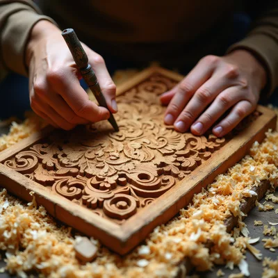 Artisan Hand Carving Intricate Floral Wood Design