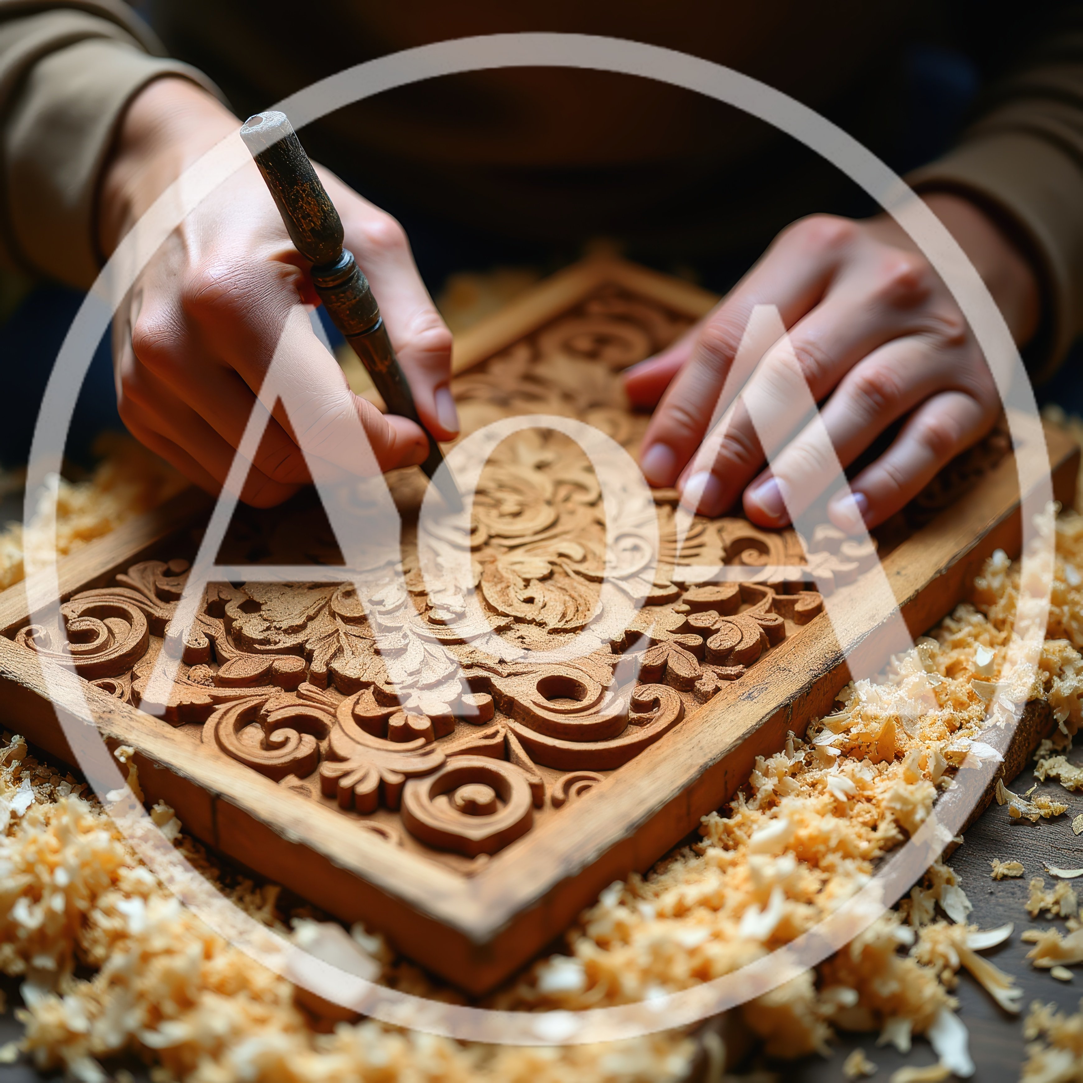 Artisan Hand Carving Intricate Floral Wood Design