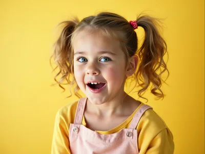 Happy Little Girl With Pigtails Against Yellow Background