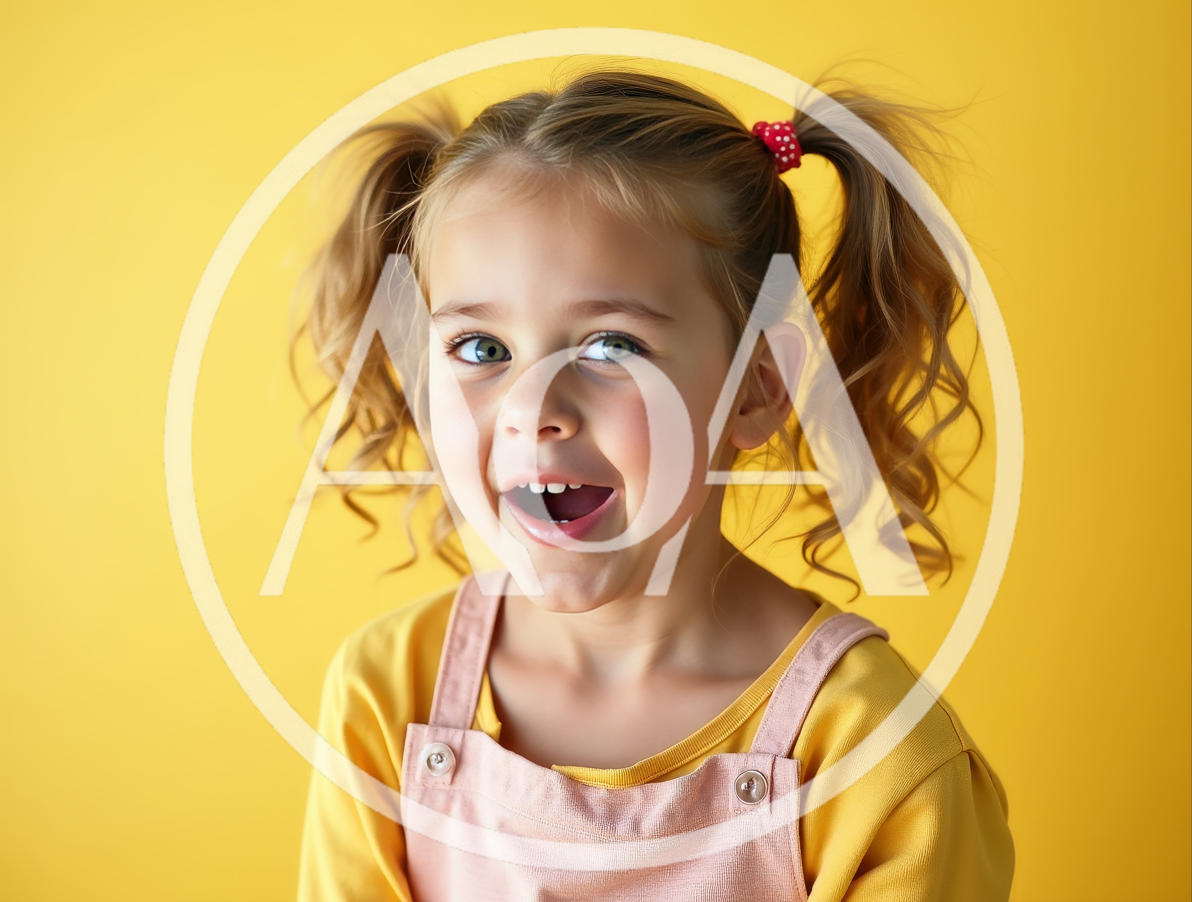 Happy Little Girl With Pigtails Against Yellow Background