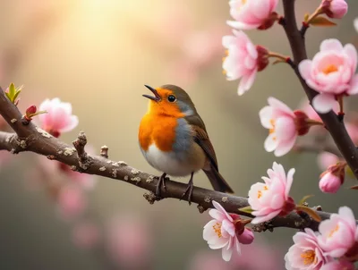 European Robin Singing on a Blooming Cherry Blossom Branch