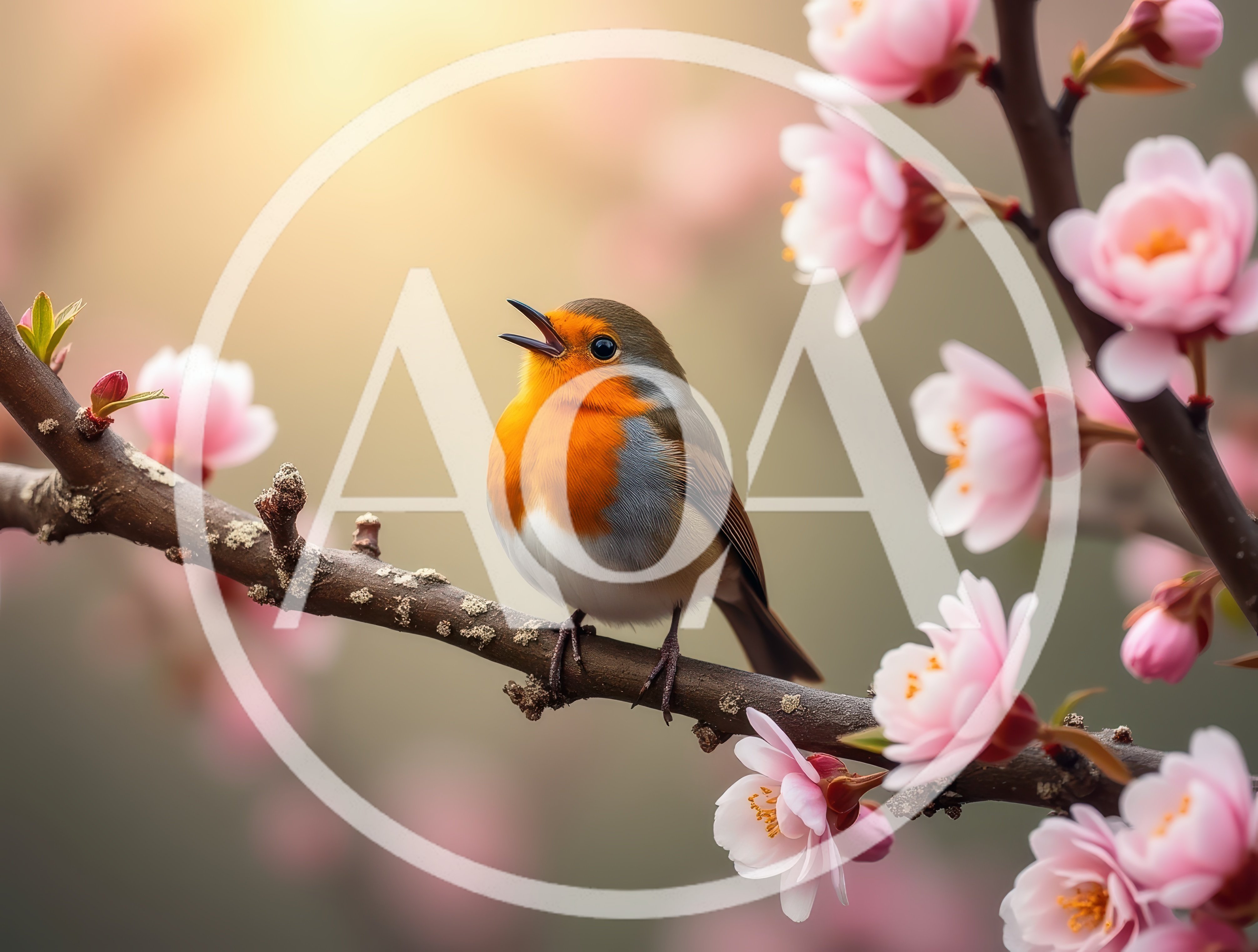 European Robin Singing on a Blooming Cherry Blossom Branch