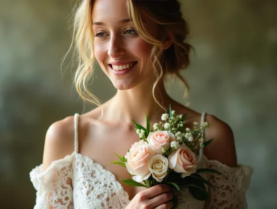 Smiling Bride Holding A Delicate Floral Wedding Bouquet