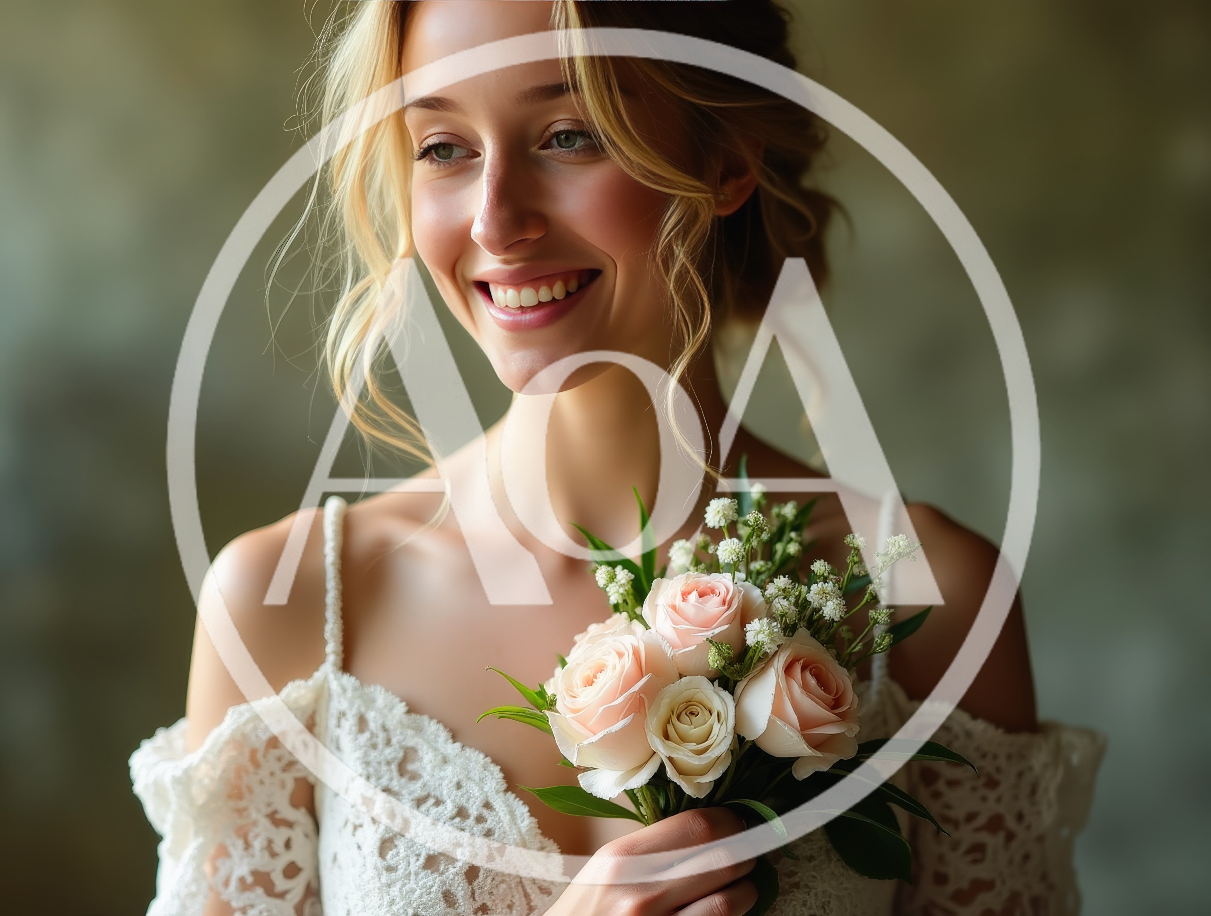 Smiling Bride Holding A Delicate Floral Wedding Bouquet
