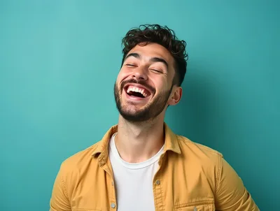 Young Man Laughing Joyfully Against Teal Background