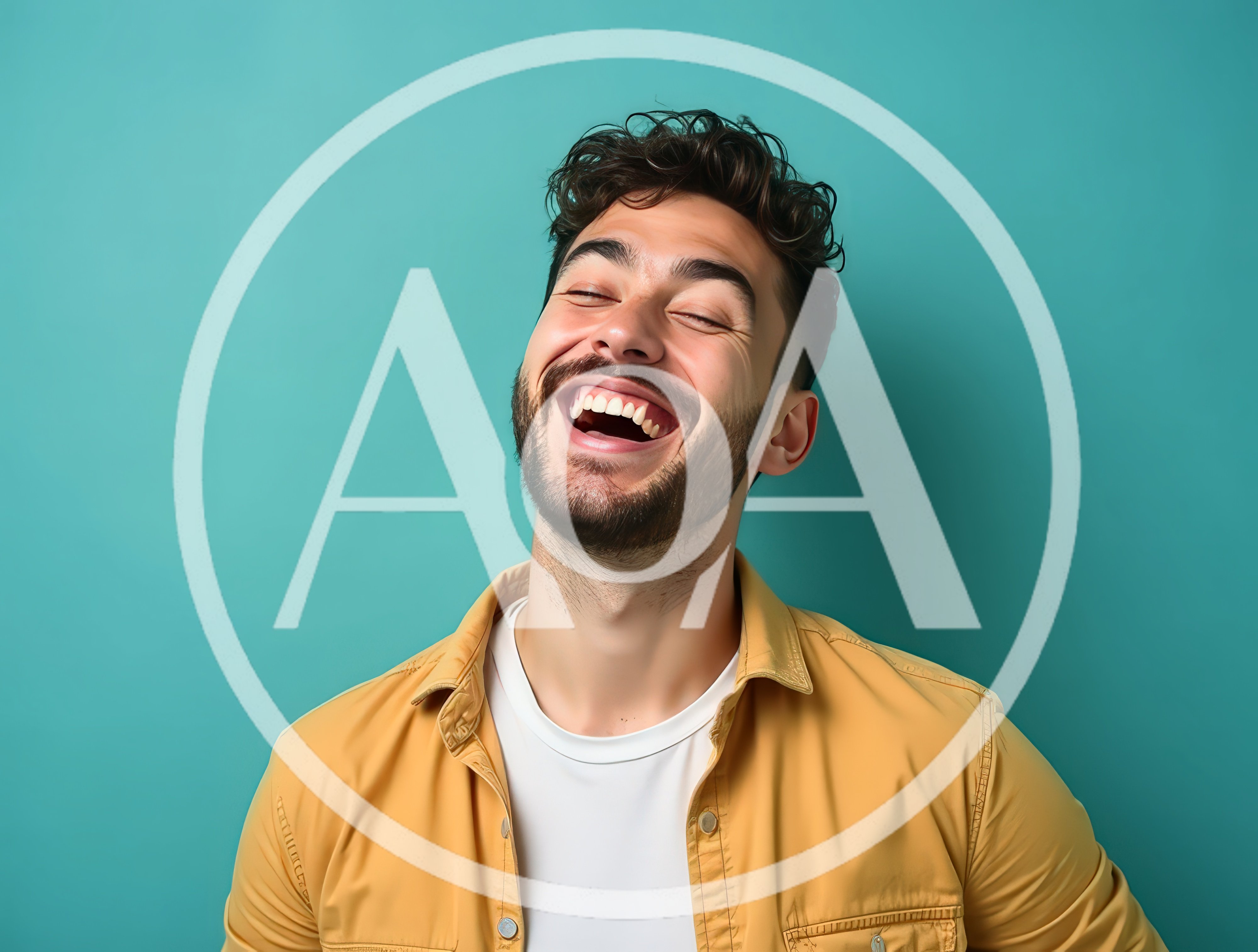 Young Man Laughing Joyfully Against Teal Background