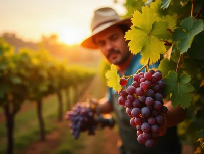 Farmer Harvesting Ripe Grapes In A Vineyard