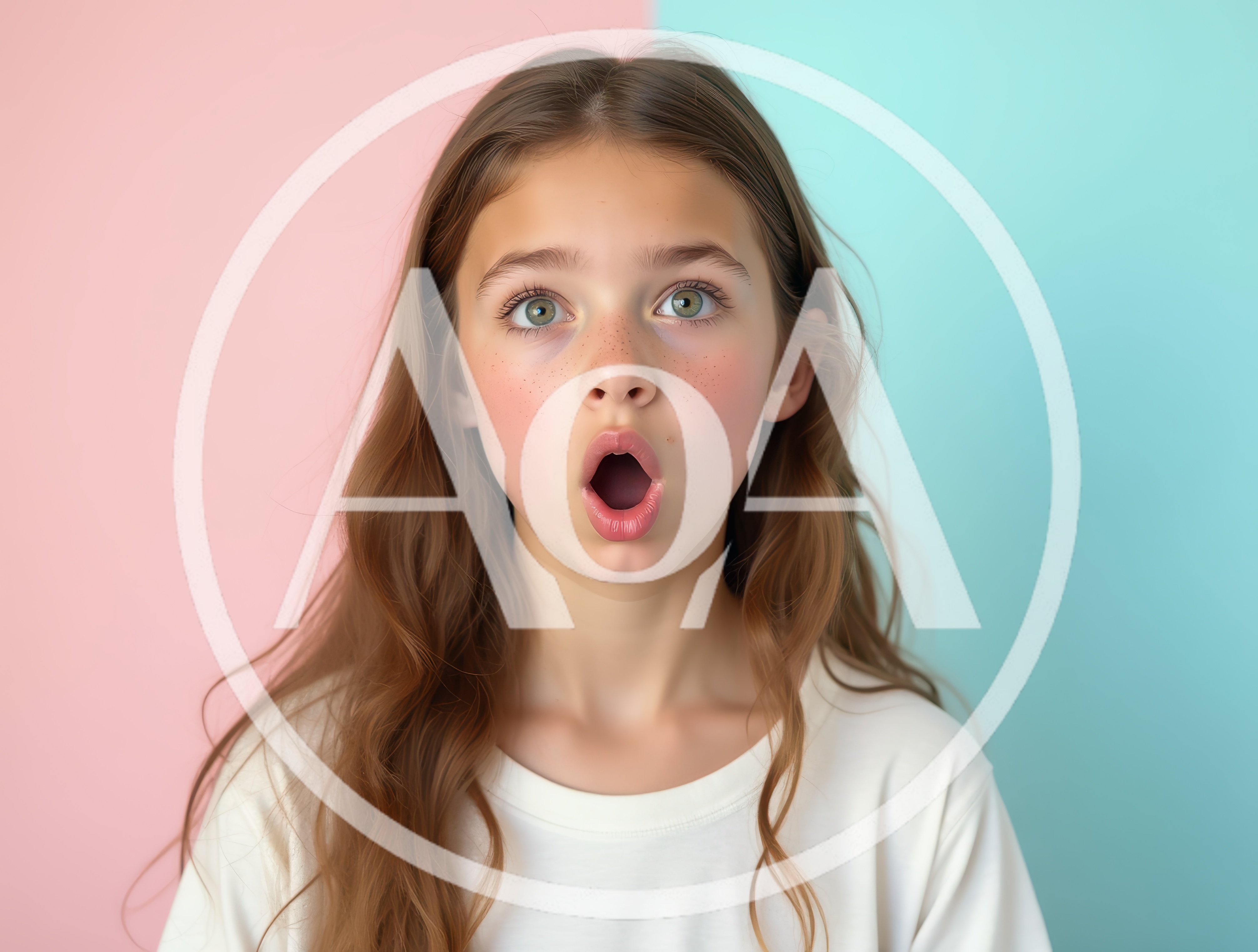 Surprised Young Girl With Freckles Against Split Background