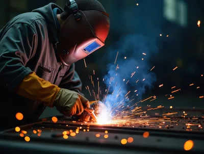 Industrial Welder Working On Metal In Workshop