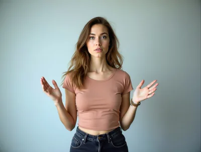 Young Woman Gesturing With Open Hands Against Plain Background