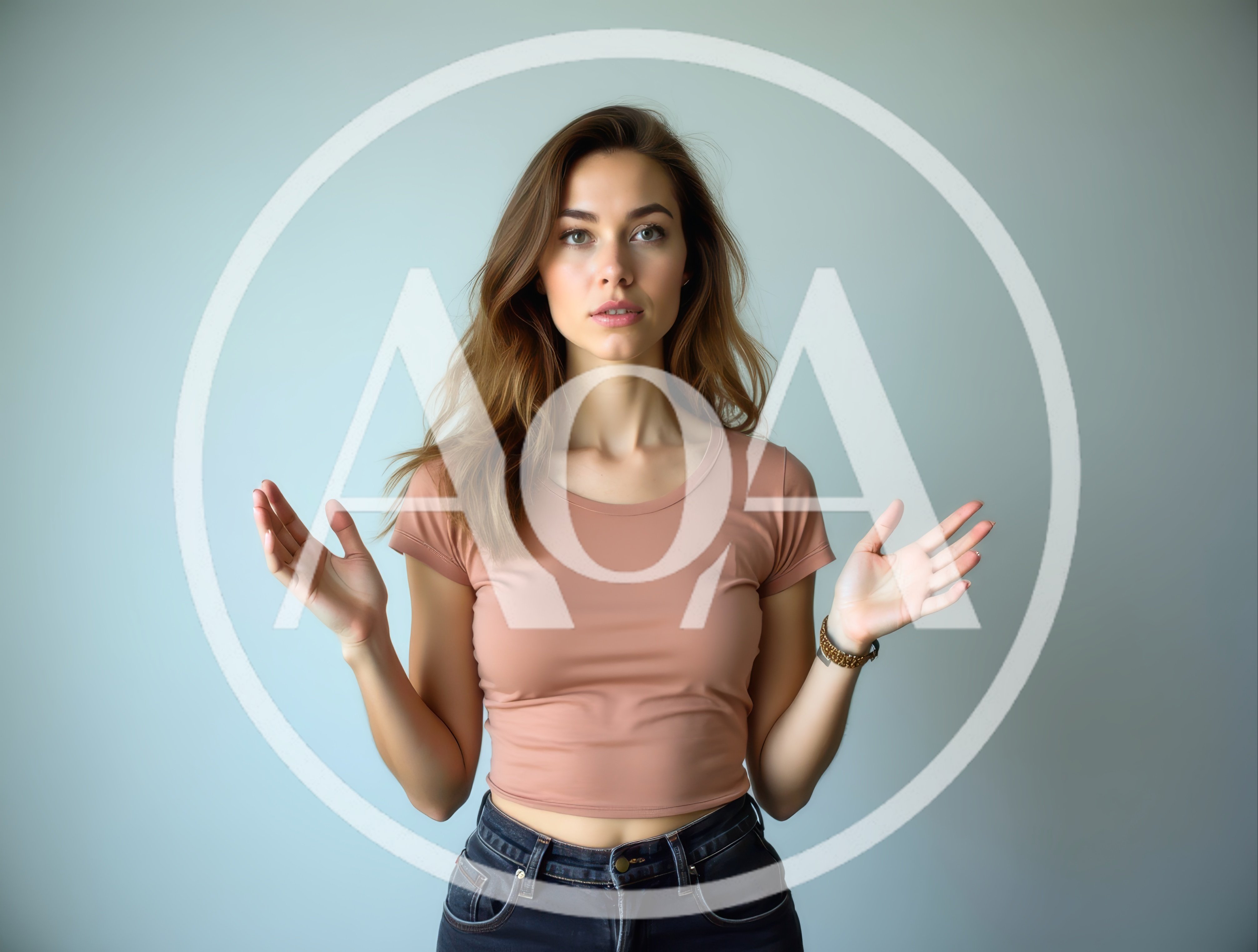 Young Woman Gesturing With Open Hands Against Plain Background