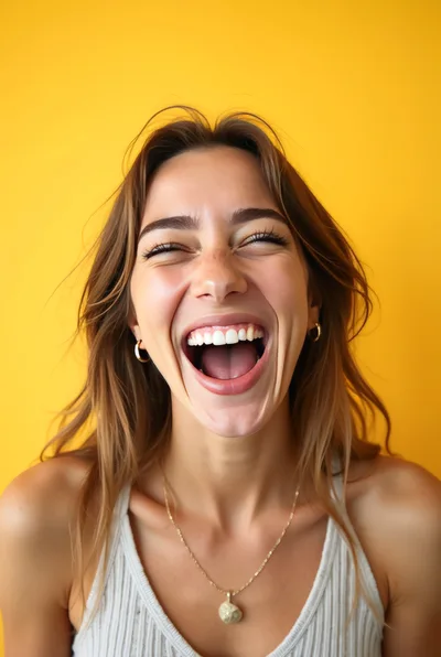Young Woman Laughing Joyfully Against Yellow Background