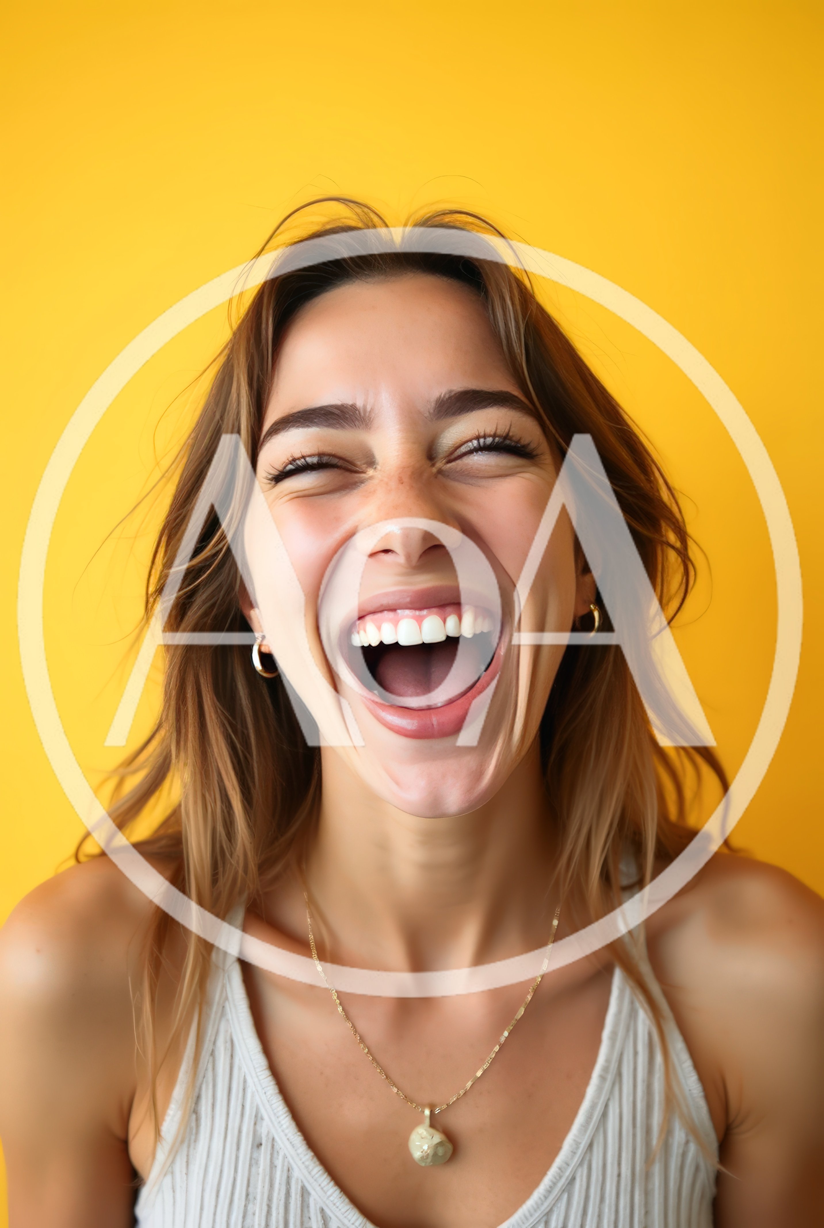 Young Woman Laughing Joyfully Against Yellow Background